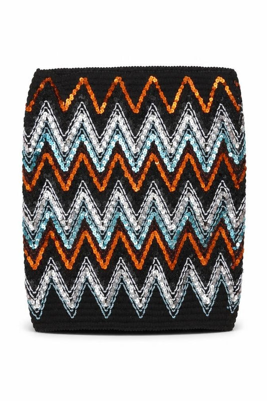 Front view of Preworn women’s black geometric cotton bandage skirt, size UK 25, in