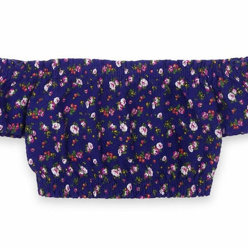 Topshop Womens Blue Floral Cotton Cropped Blouse Size 6 Off the Shoulder