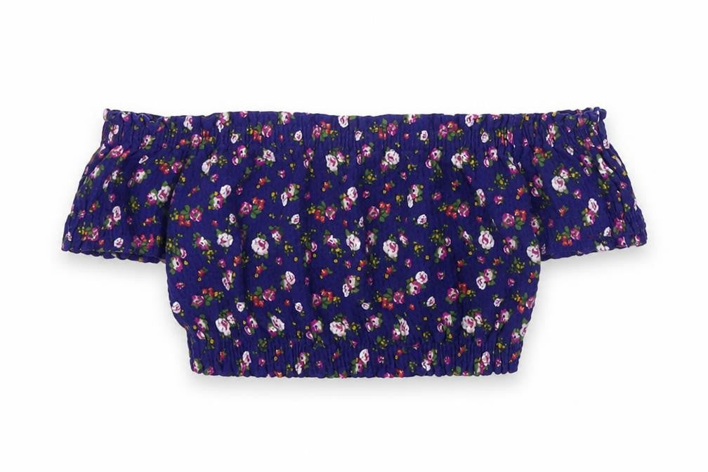 Topshop Womens Blue Floral Cotton Cropped Blouse Size 6 Off the Shoulder