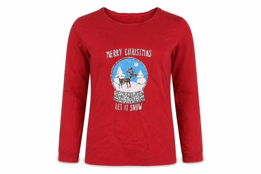 Front view of Next women’s red 100% cotton pullover sweatshirt, size UK 10, pullover - merry christmas let it snow