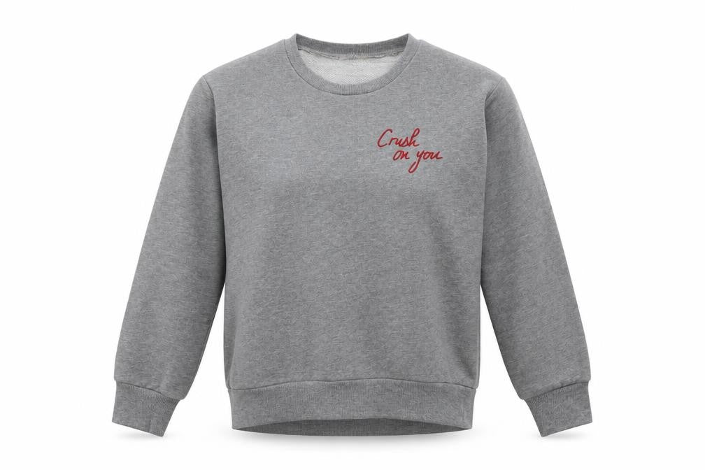 Front view of Kilibbi women’s grey polyester pullover sweatshirt, size S, pullover - crush on you