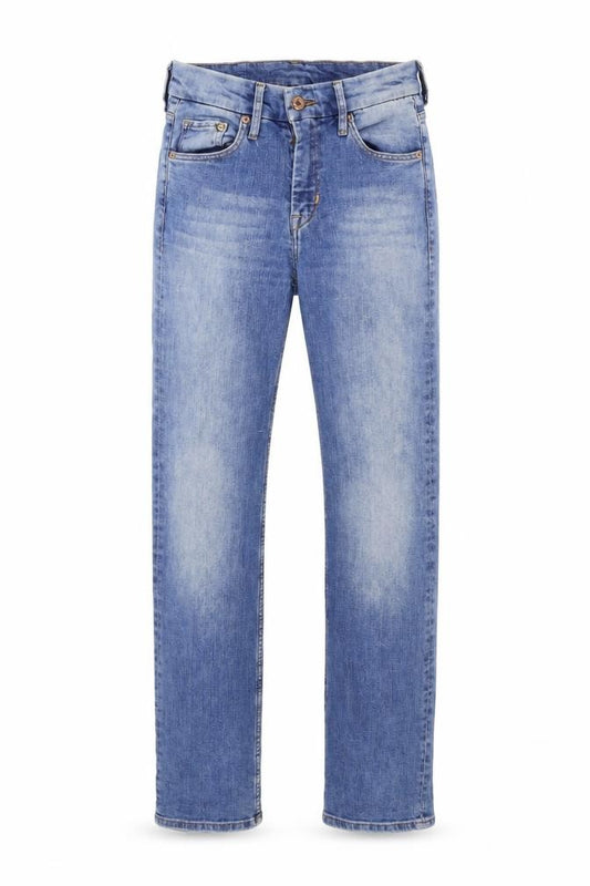 Front view of H&M women’s blue cotton skinny jeans, size UK 26, in regular zip