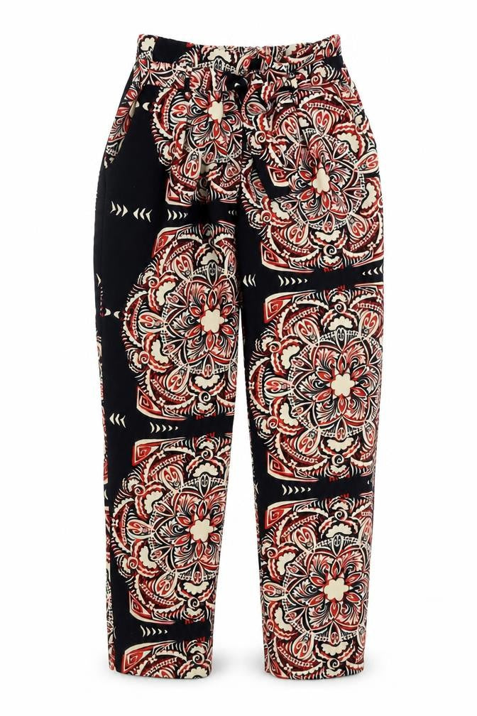 Front view of River Island women’s multicoloured geometric polyester harem trousers, size UK 8, regular tie