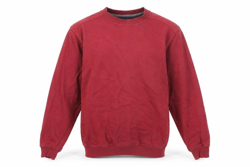 Front view of EWM men’s red cotton pullover sweatshirt, size S