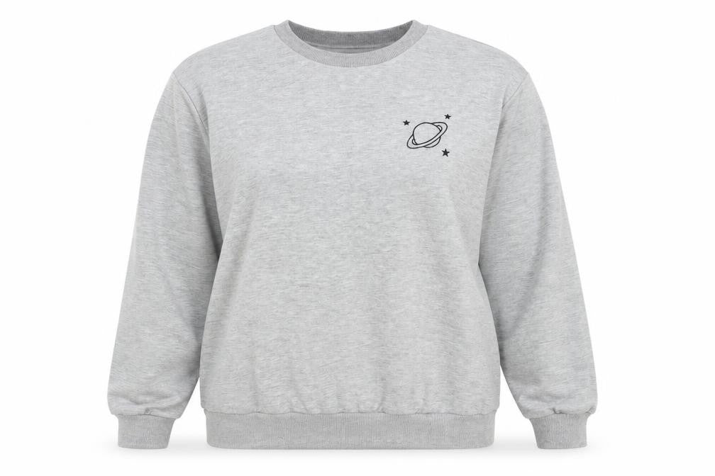 Front view of SHEIN women’s grey cotton pullover sweatshirt, size L, pullover - planet motif