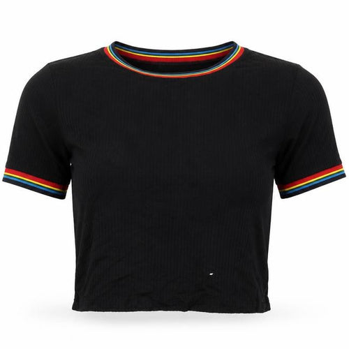 Trés Bien Womens Black Striped Viscose Cropped T-Shirt Size L Round Neck