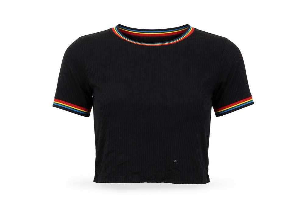 Trés Bien Womens Black Striped Viscose Cropped T-Shirt Size L Round Neck