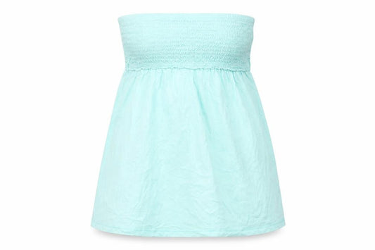 Front view of Papaya women’s blue cotton basic blouse, size UK 12, off the shoulder - shirred bandeau
