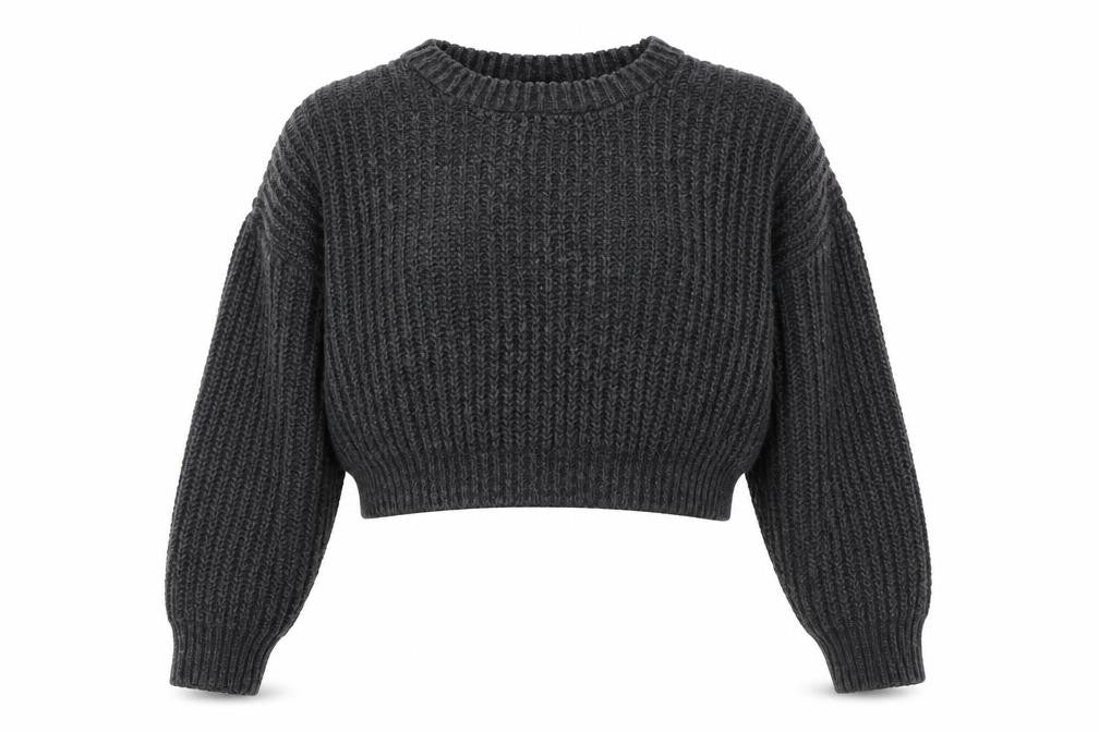 Front view of BDG women’s grey round neck acrylic jumper, size M