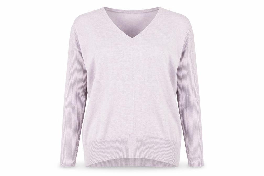 Front view of Marks & Spencer women’s purple v-neck acrylic jumper, size UK 14