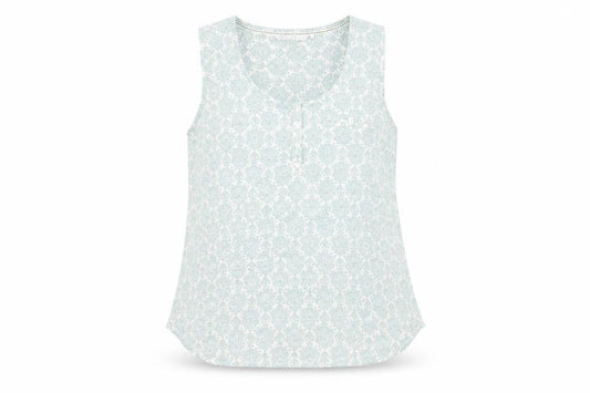 Front view of Preworn women’s green geometric polyester basic tank, size UK 12, round neck