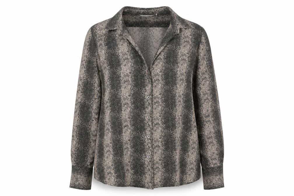 Front view of Marks & Spencer women’s brown geometric cotton basic button-up, size UK 14, v-neck