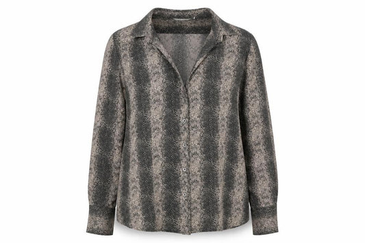 Front view of Marks & Spencer women’s brown geometric cotton basic button-up, size UK 14, v-neck