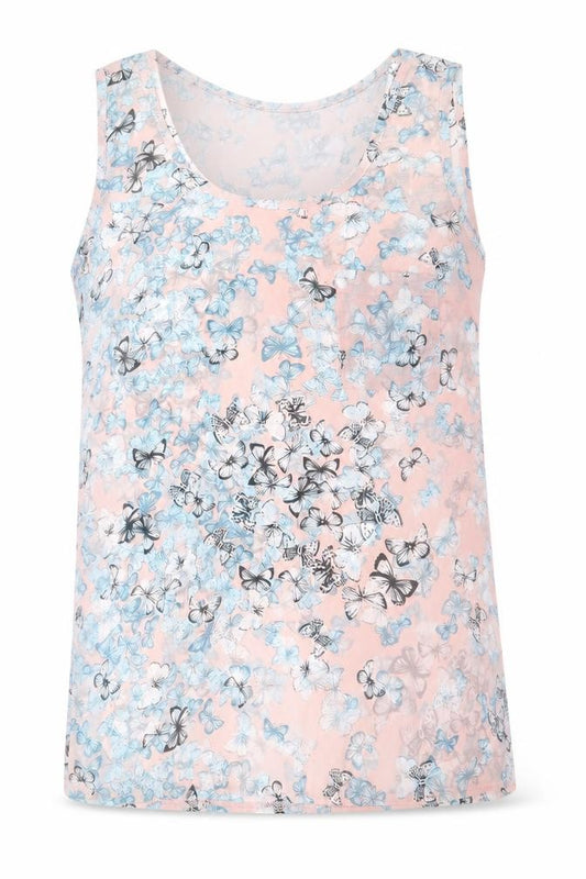 Front view of Select women’s pink geometric polyester basic tank, size UK 10, round neck - butterfly print