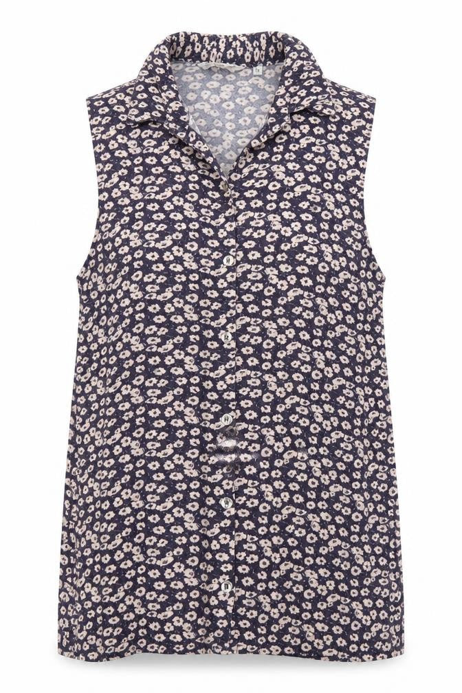Front view of New Look women’s purple geometric viscose basic tank, size UK 12, v-neck