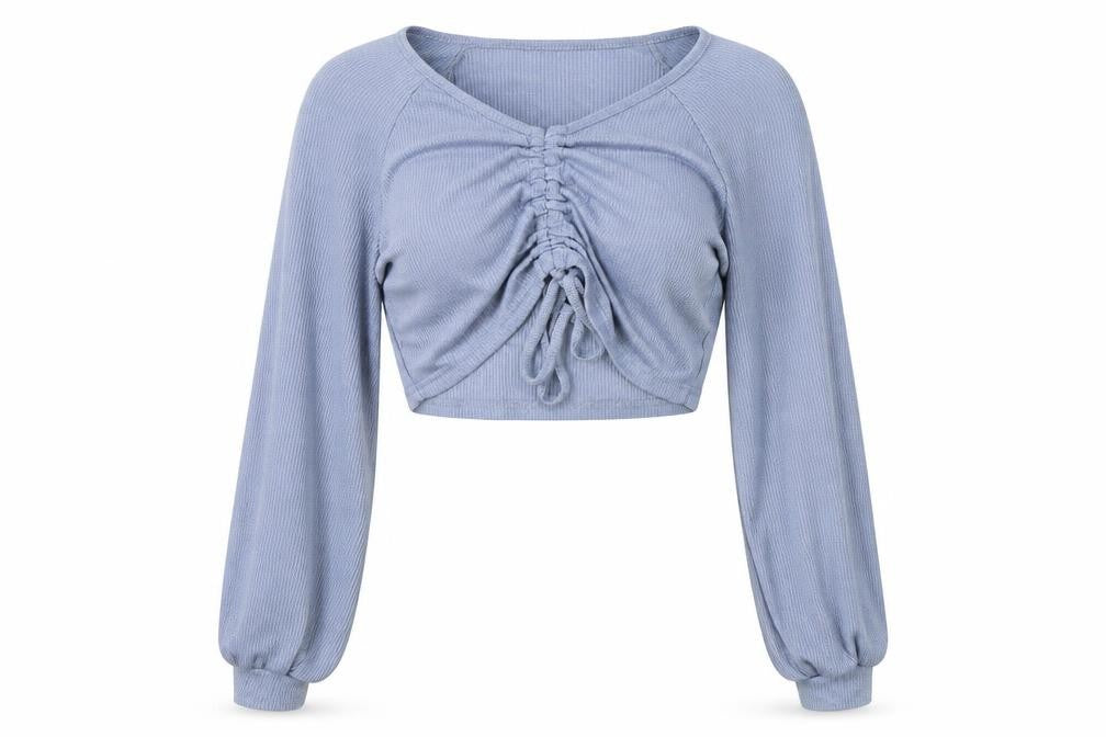 Front view of SHEIN women’s blue polyester cropped blouse, size S, sweetheart - ruched front