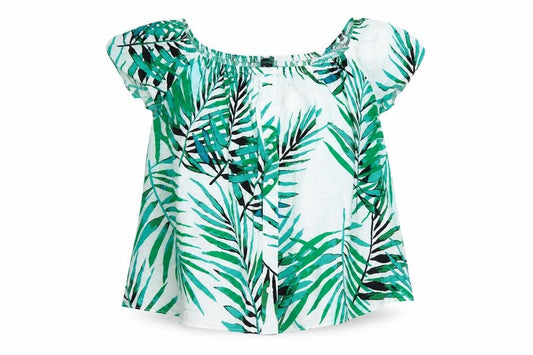 Front view of Atmosphere women’s green geometric viscose basic blouse, size UK 12, boat neck - leaf pattern