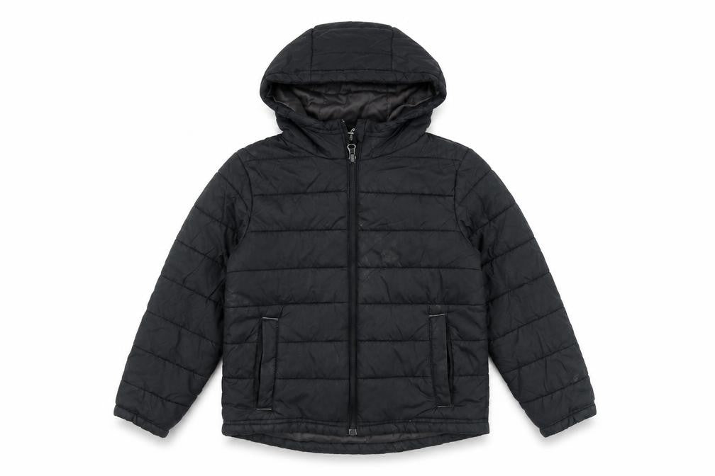 Front view of Freedom Trail boys’ black quilted jacket, size 5-6, years zip