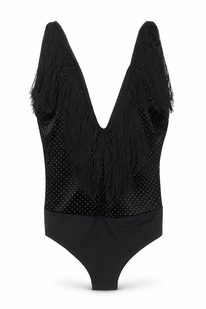 Front view of Zara women’s black polyester bodysuit one-piece, size M, button