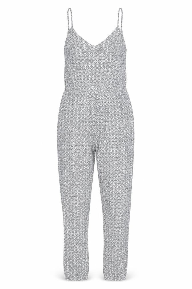Front view of Zara women’s blue geometric viscose jumpsuit one-piece, size M, pullover