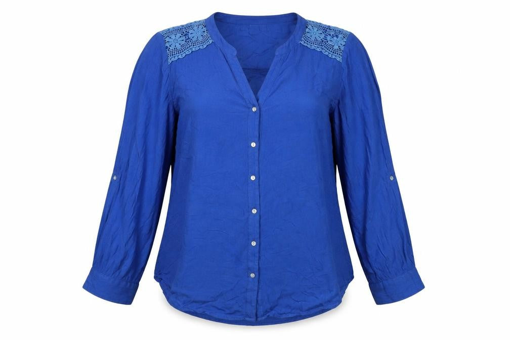 Front view of Together women’s blue viscose basic button-up, size S, v-neck - lace detail
