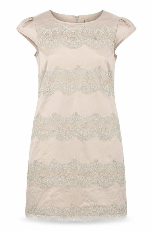 Front view of AX Paris women’s gold polyester shift, size UK 10, boat neck zip - lace detail