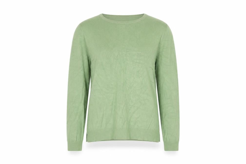 Front view of Peacocks women’s green round neck viscose jumper, size UK 12
