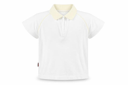Front view of W girls’ white cotton basic polo, size 10, years collared button