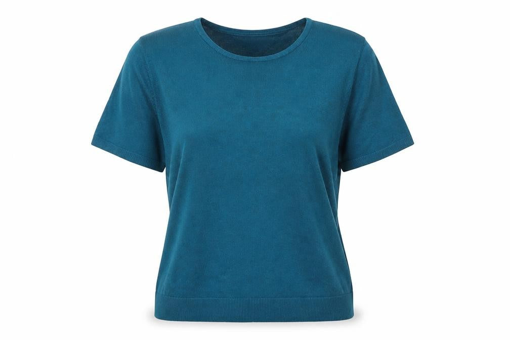 Front view of BHS women’s blue scoop neck acrylic jumper, size UK 12