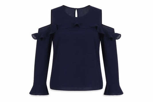 Front view of Atmosphere women’s blue polyester basic blouse, size UK 8, round neck