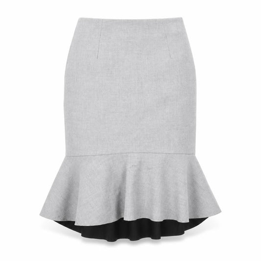 Front view of H&M women’s grey cotton trumpet skirt, size UK 10, zip