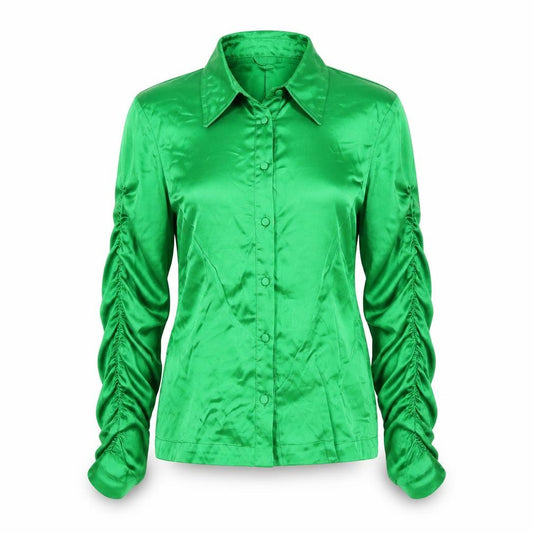 Front view of Zara women’s green viscose basic button-up, size XS, collared - ruched sleeve
