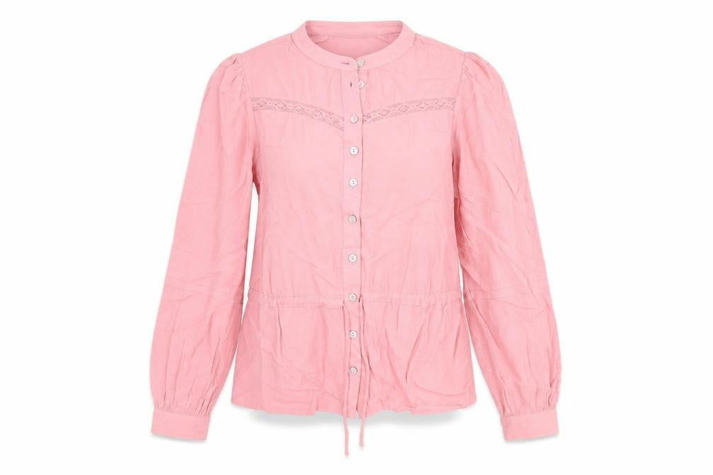 Marks and Spencer Womens Pink Viscose Basic Blouse Size 6 Round Neck - Lace Detail Drawstring Waist