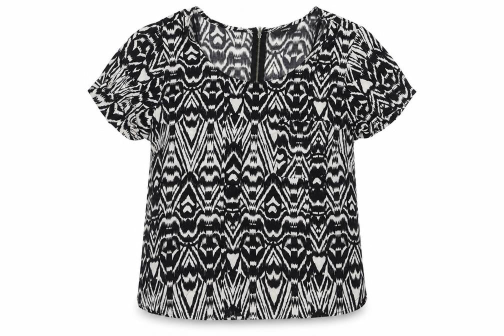 Front view of George women’s black geometric viscose basic blouse, size UK 12, scoop neck