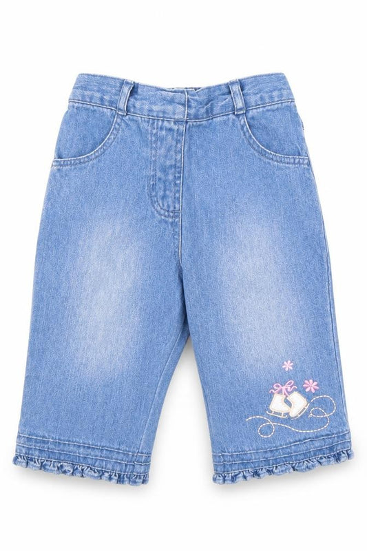 Front view of George girls’ blue cotton capri jeans, size 6-9, months l50 cm pullover
