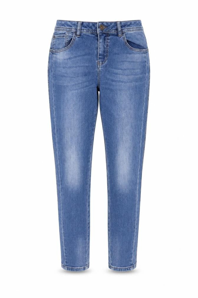 Front view of Only women’s blue cotton tapered jeans, size M, 29-inch leg regular button