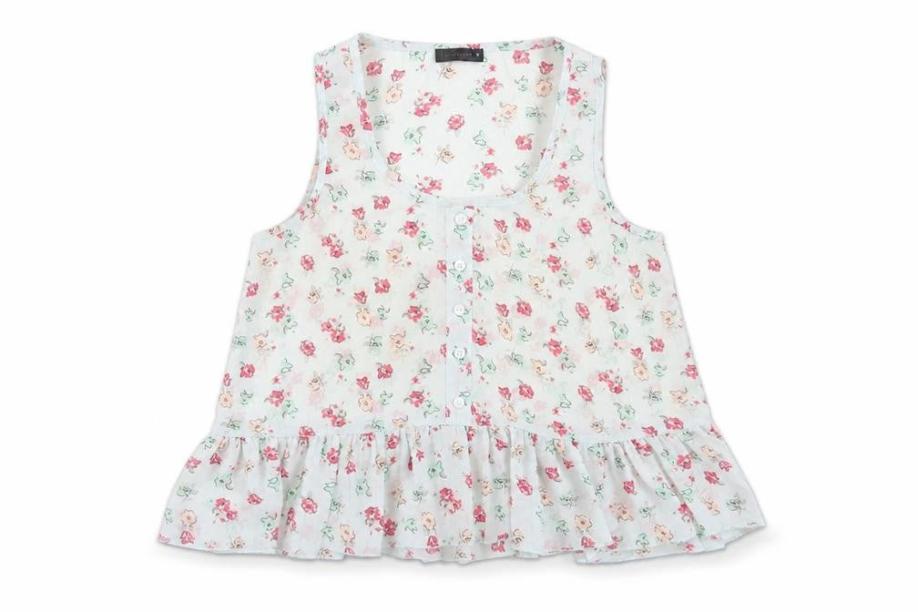 Front view of Fusion women’s blue floral polyester basic tank, size UK 8, scoop neck
