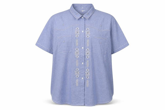 Front view of Ricami di Assin women’s blue geometric cotton basic button-up, size 2XL, collared
