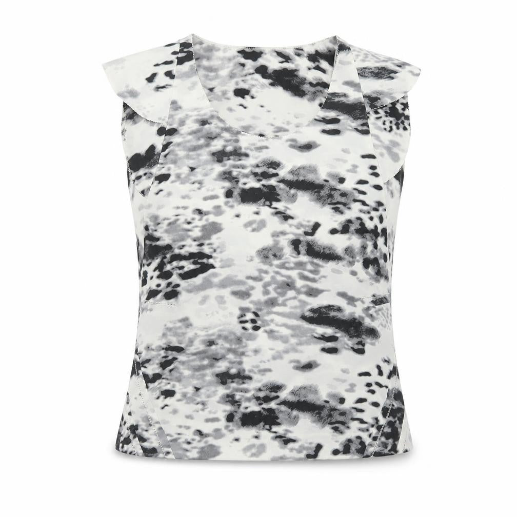 Front view of IRO women’s white animal print polyester basic t-shirt, size S, scoop neck - leopard print
