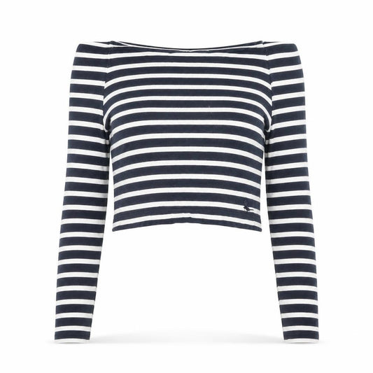 Front view of Jack Wills women’s blue striped cotton cropped blouse, size UK 6, off the shoulder - bardot