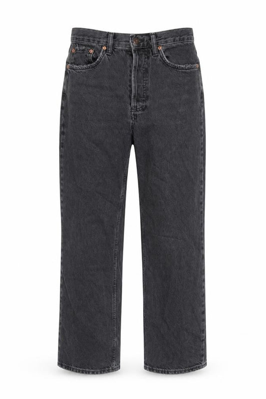 Front view of Topshop women’s black cotton straight jeans, size UK 10, 30-inch leg regular button