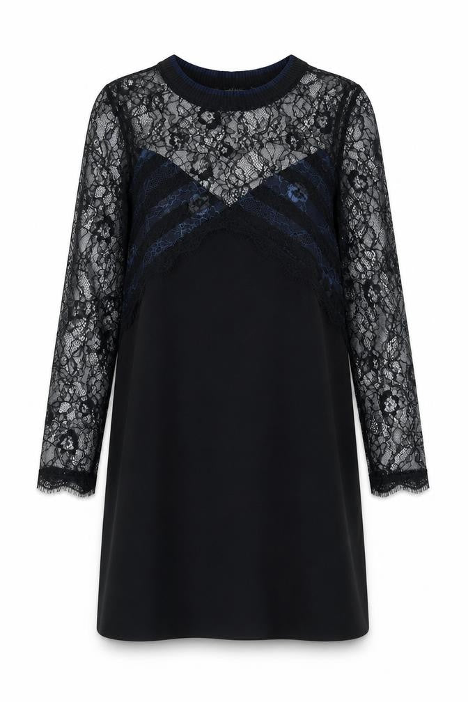 Front view of Zara women’s black polyamide shift, size XS, round neck pullover - lace top