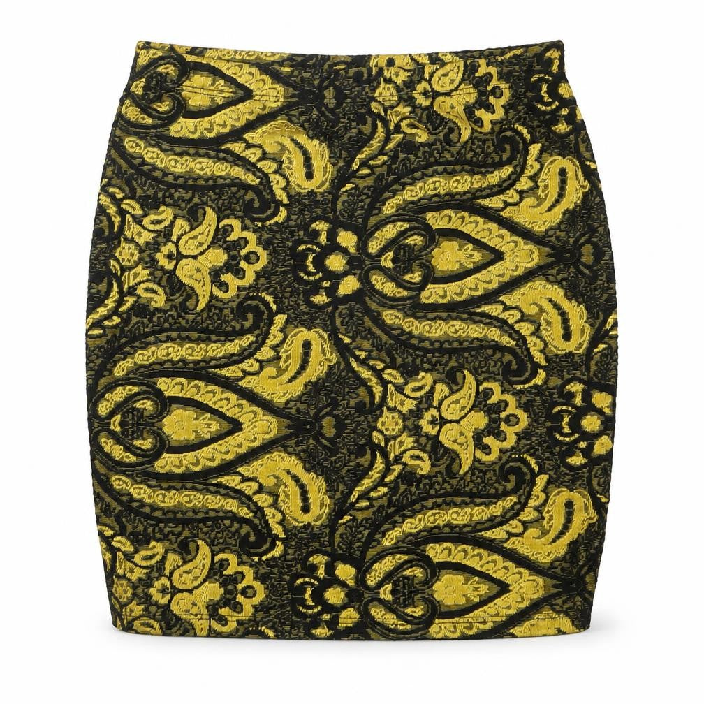 Front view of Topshop women’s yellow paisley polyester mini skirt, size UK 8