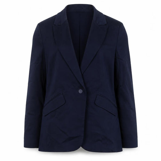 Front view of Marks & Spencer women’s blue cotton jacket blazer, size UK 12