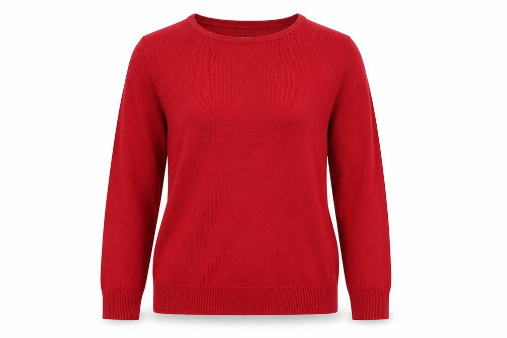 Front view of Marks & Spencer women’s red boat neck acrylic jumper, size UK 8