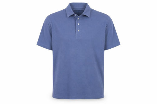 Front view of Fraser men’s blue cotton polo, size M, collared pullover