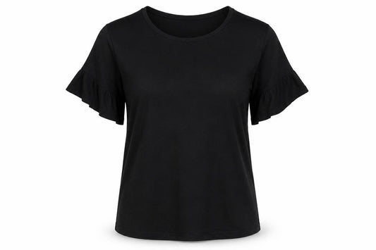 Front view of Nutmeg women’s black polyester basic t-shirt, size UK 10, round neck