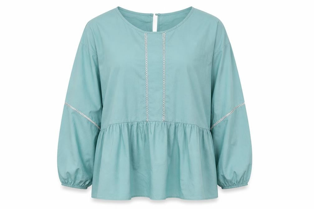 Front view of Marks & Spencer women’s green 100% cotton basic blouse, size UK 12, scoop neck - smock