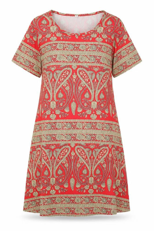 Front view of women’s red paisley polyester a-line, size M, boat neck pullover
