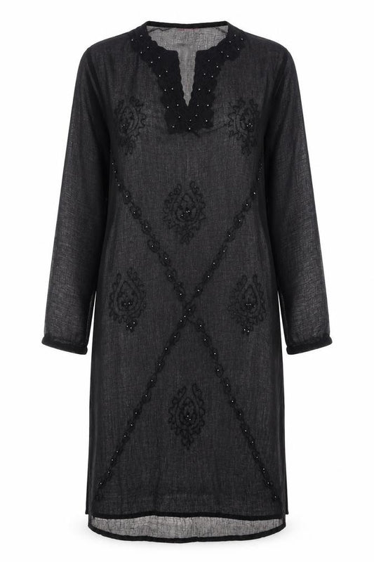 Front view of Long Beach Oceanic women’s black polyester kaftan, size S, v-neck pullover - beach cover up